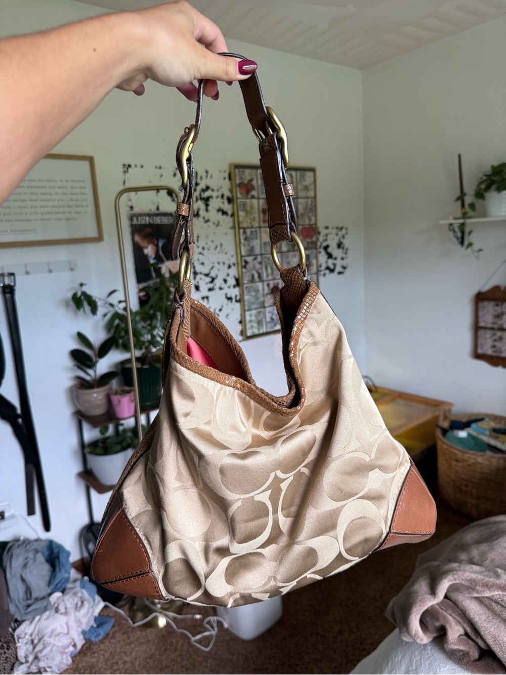 Coach Beige Signature Canvas Hobo with Brown Leather Trim